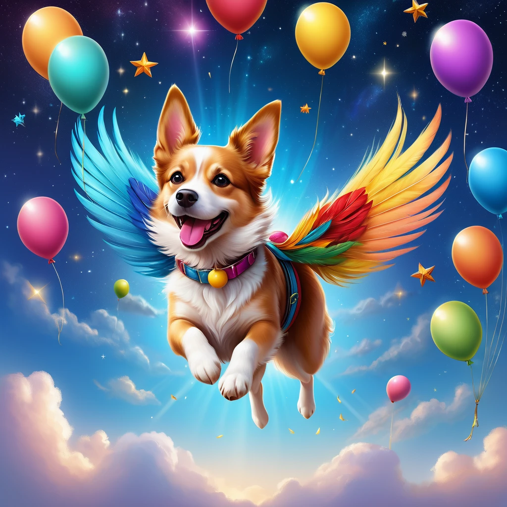 A flying dog with colorful feathers soaring in the sky, surrounded by dreamy background and twinkling stars, accompanied by balloons, wearing a cheerful smile, intricate details, and high-definition image quality. (best quality,4k,8k,highres,masterpiece:1.2),ultra-detailed,(realistic,photorealistic,photo-realistic:1.37),vivid colors,studio lighting
