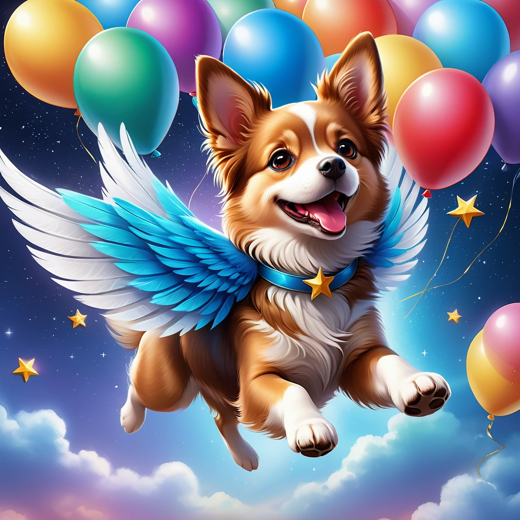 A flying dog with colorful feathers soaring in the sky, surrounded by dreamy background and twinkling stars, accompanied by balloons, wearing a cheerful smile, intricate details, and high-definition image quality. (best quality,4k,8k,highres,masterpiece:1.2),ultra-detailed,(realistic,photorealistic,photo-realistic:1.37),vivid colors,studio lighting