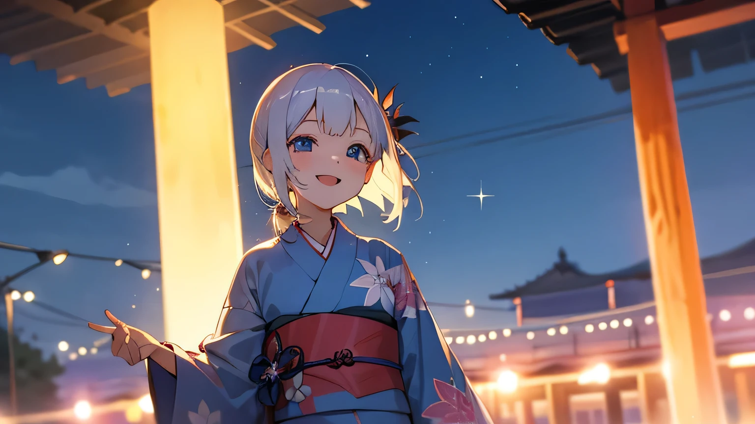 summer night、kimono、Smiling Girl、stall、bright、Sparkling、