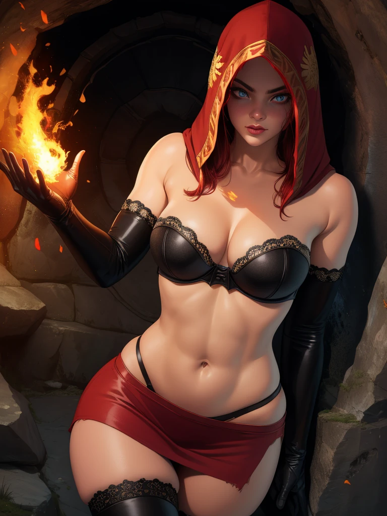 Dsorceress, redhair, shadowy face,dark cave, fire, hood, shadowed face, strapless bra, slim and athletic body, miniskirt, no panty, elbow gloves, dark skin, 1 girl (insanely detailed, masterpiece, best quality)
