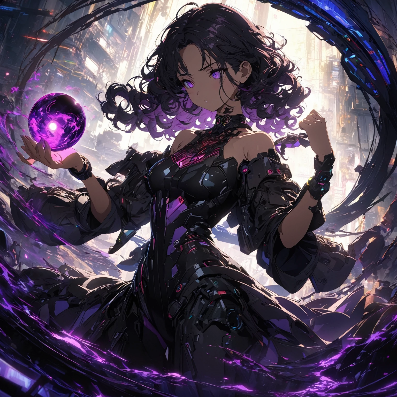 A young woman with dark, curly hair, wearing a black, off-shoulder dress with lace and intricate details, (nude:0.9), a choker necklace, elements of cyberpunk, and sci-fi fashion, mechanical details, futuristic outfit, high-tech fashion, standing in a mysterious environment with a glowing, swirling purple and black aura, holding a glowing purple orb in her left hand, with energy swirling around her, casting dramatic shadows, and a soft backlight illuminating her figure, detailed gorgeous face| anime style| key visual| intricate detail| highly detailed| breathtaking| vibrant| panoramic| cinematic| Carne Griffiths| Conrad Roset| gibbli 8k