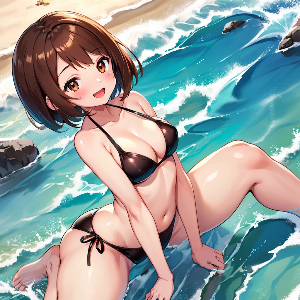 masterpiece, Highest quality, High resolution, Gloria1, 1 Girl, Gloria\(Pokémon\), Brown Hair, , Brown Eyes, , Short Hair, , Bobcut, bangs, , 1Describe a girl carefully 1Girl smile blush Open Mouth blush beach Ocean Sexy Bikini