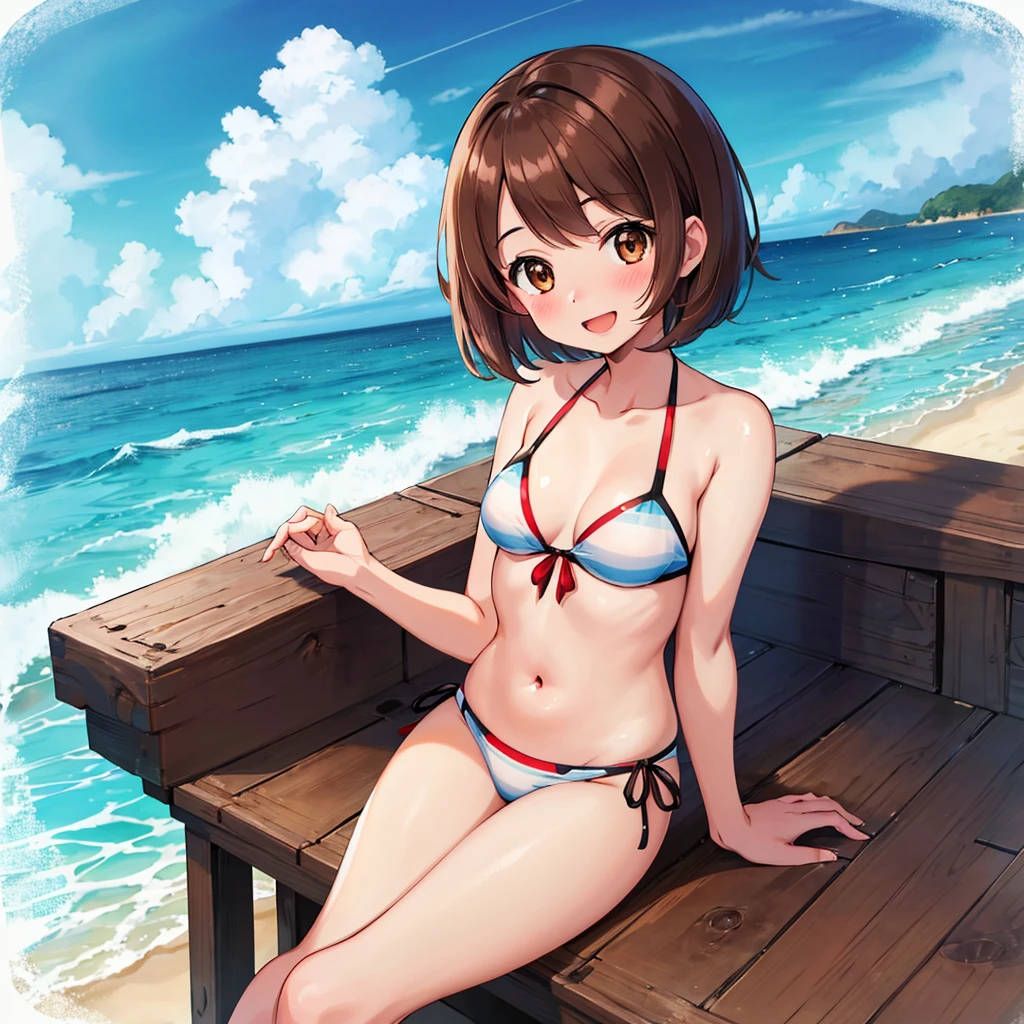 masterpiece, Highest quality, High resolution, Gloria1, 1 Girl, Gloria\(Pokémon\), Brown Hair, , Brown Eyes, , Short Hair, , Bobcut, bangs, , 1Describe a girl carefully 1Girl smile blush Open Mouth blush beach Ocean Sexy Bikini