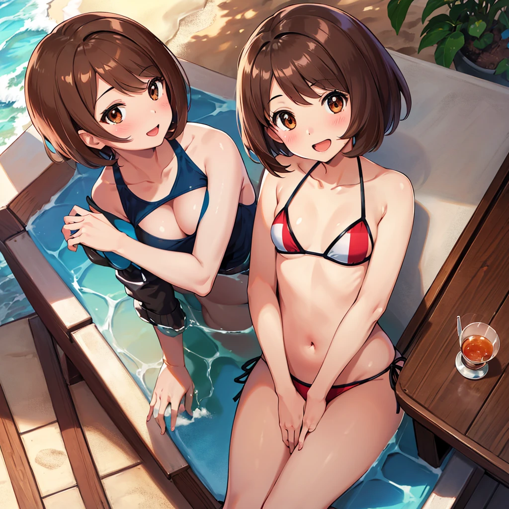masterpiece, Highest quality, High resolution, Gloria1, 1 Girl, Gloria\(Pokémon\), Brown Hair, , Brown Eyes, , Short Hair, , Bobcut, bangs, , 1Describe a girl carefully 1Girl smile blush Open Mouth blush beach Ocean Sexy Bikini
