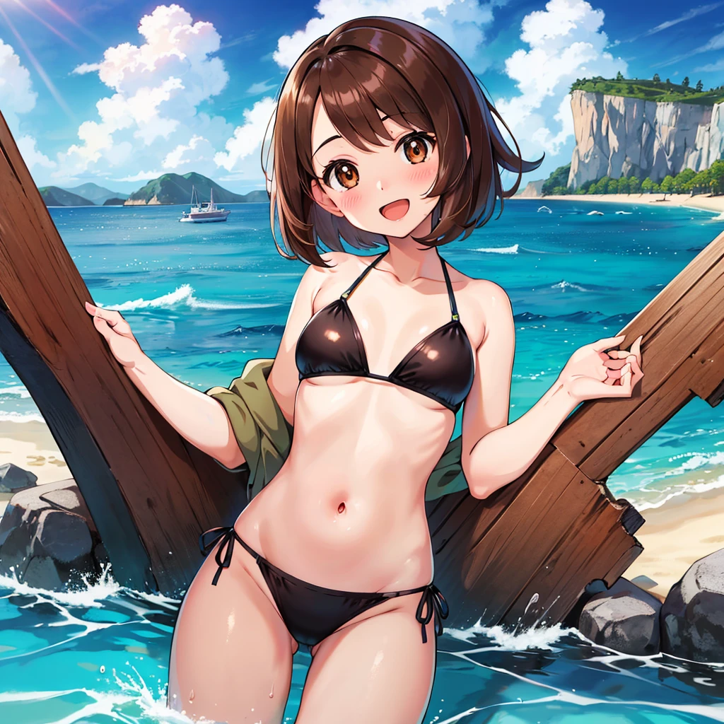 masterpiece, Highest quality, High resolution, Gloria1, 1 Girl, Gloria\(Pokémon\), Brown Hair, , Brown Eyes, , Short Hair, , Bobcut, bangs, , 1Describe a girl carefully 1Girl smile blush Open Mouth blush beach Ocean Sexy Bikini