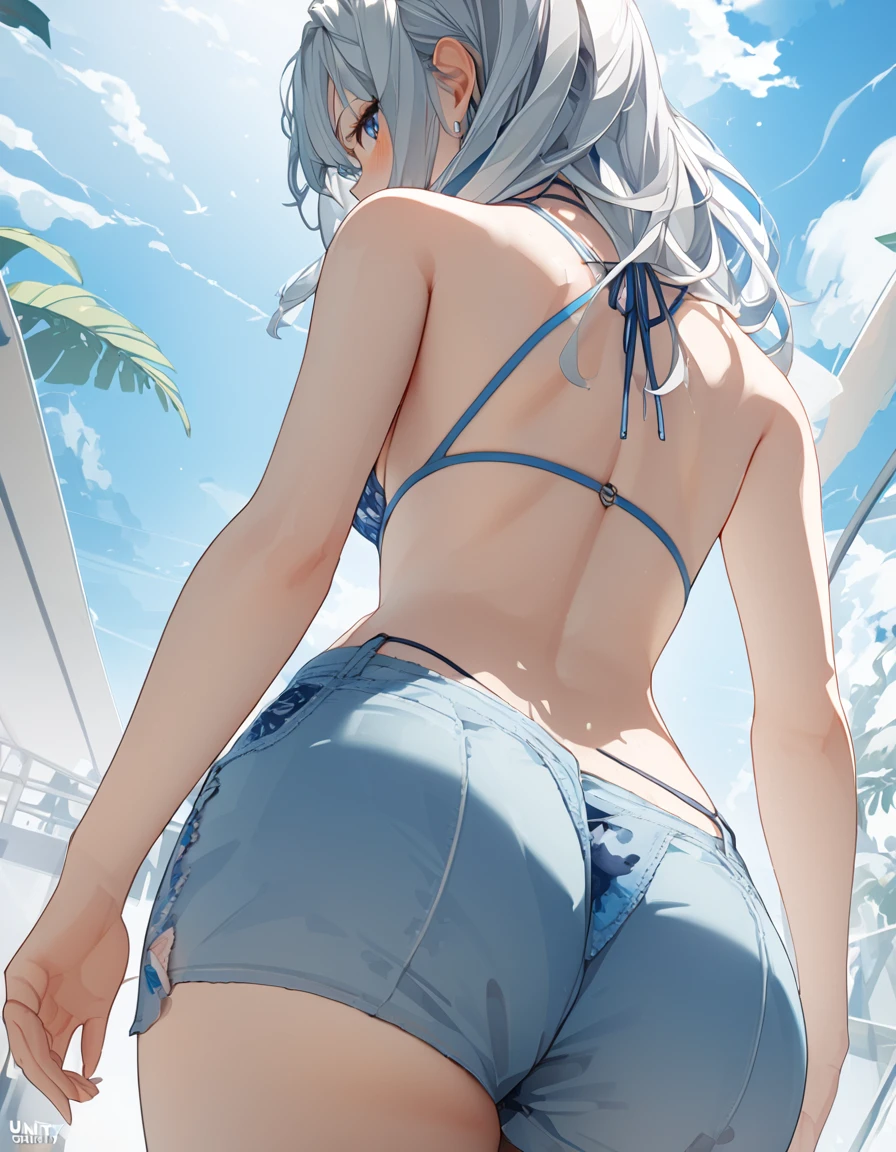 8k, Highest quality, masterpiece, Wallpapers by Unity 8k, (One Girl) , ************、cute、(((Silver Hair))),(Her hair color is a blue-gray gradient), Medium long hair Beautiful breasts, Summer fashion、from behind, from below
