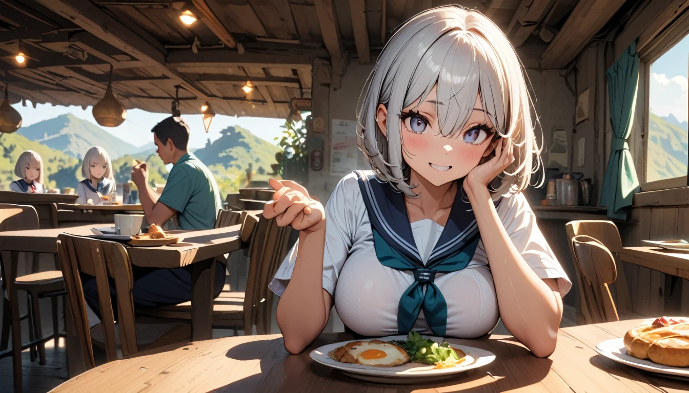 (best quality, masterpiece, absurdres, highres, ultra-detailed, extremely detailed, 32k, cinematic scene, detailed background), (full body:1.2), 1 girl, perfect face, (platinum silver hair:1.5), (airy bob cut:1.6), (bang between eyes:1.4), (glossy silver eyes:1.5, large eyes), ((school uniform, short sleeve shirts)), large breasts, eating breakfast, home, dining, happy,