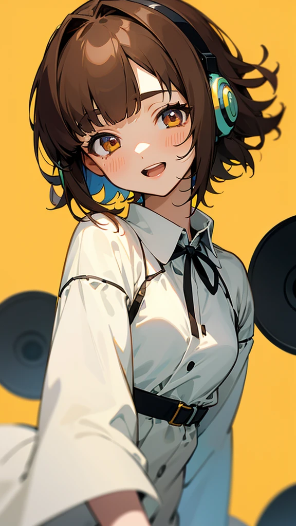 One girl, Brown Hair, Medium Hair, Textured skin, chest, Open your mouth, Bright Eyes, happiness/joy, Simple Background, Headphones worn behind the head, Anime Bangs, Minimalist, Dress up、Hair that hides one eye, Radio broadcaster