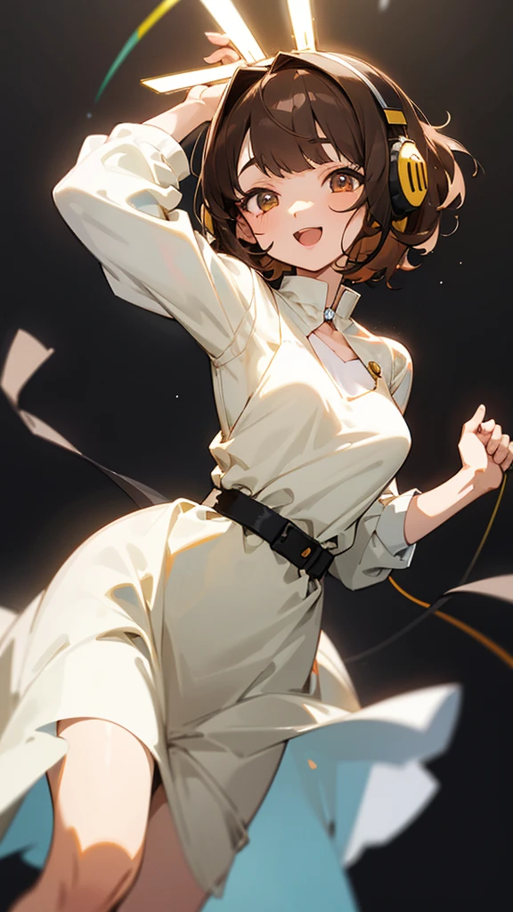 One girl, Brown Hair, Medium Hair, Textured skin, chest, Open your mouth, Bright Eyes, happiness/joy, Simple Background, Headphones worn behind the head, Anime Bangs, Minimalist, Dress up、Hair that hides one eye, Radio broadcaster