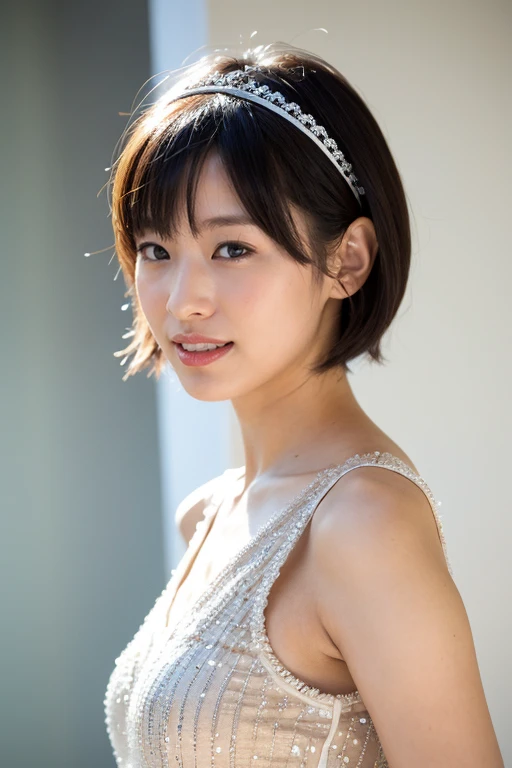 Fashion model photography, Ballet Dress, Strong design sense, Medium Shot, South African girl, short hair, hair accessory, Delicate skin, smile, Simple Background, High-quality texture, Glare Backlight, Professional Studio Lighting