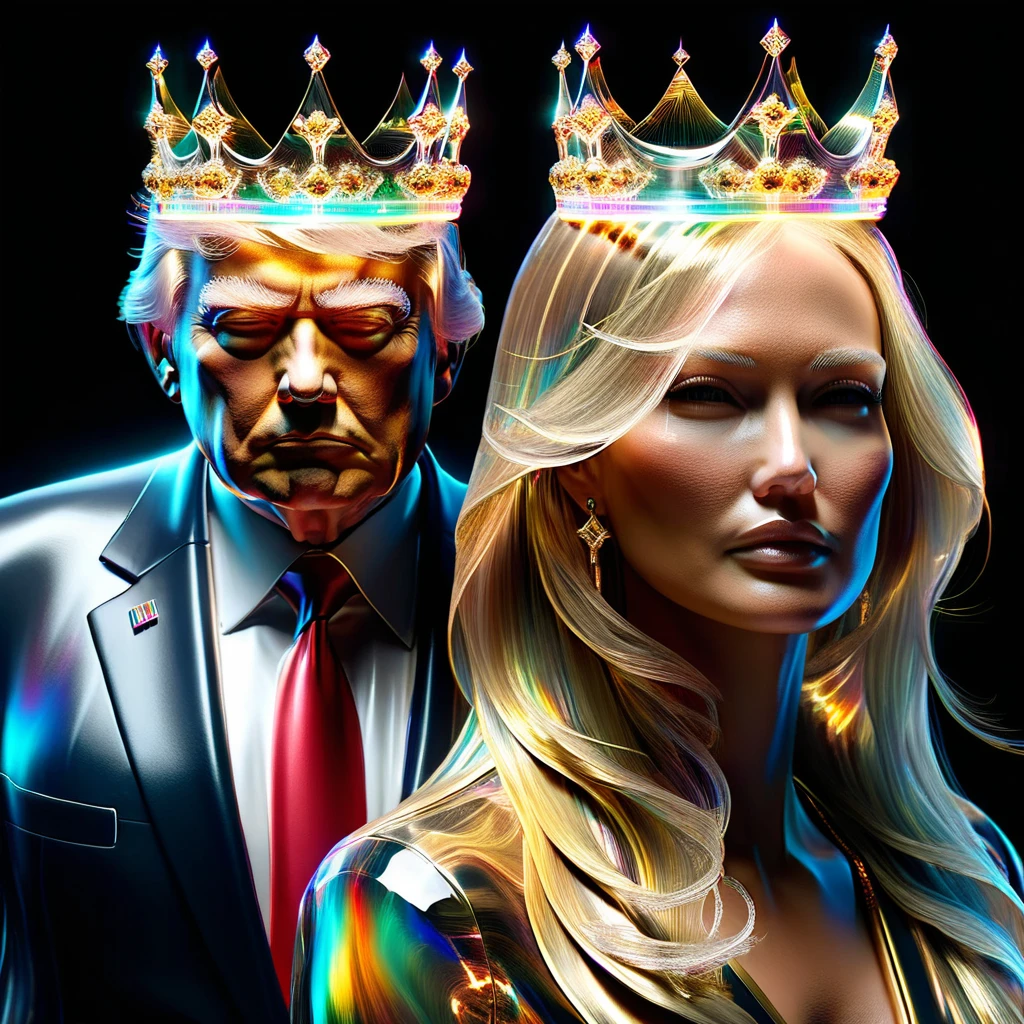 hyper detailed masterpiece, dynamic realistic digital art, incredible quality,transparentes,  Donald Trump, and Melania Trump wearing a small gold crown DonMSp3ctr4lXL