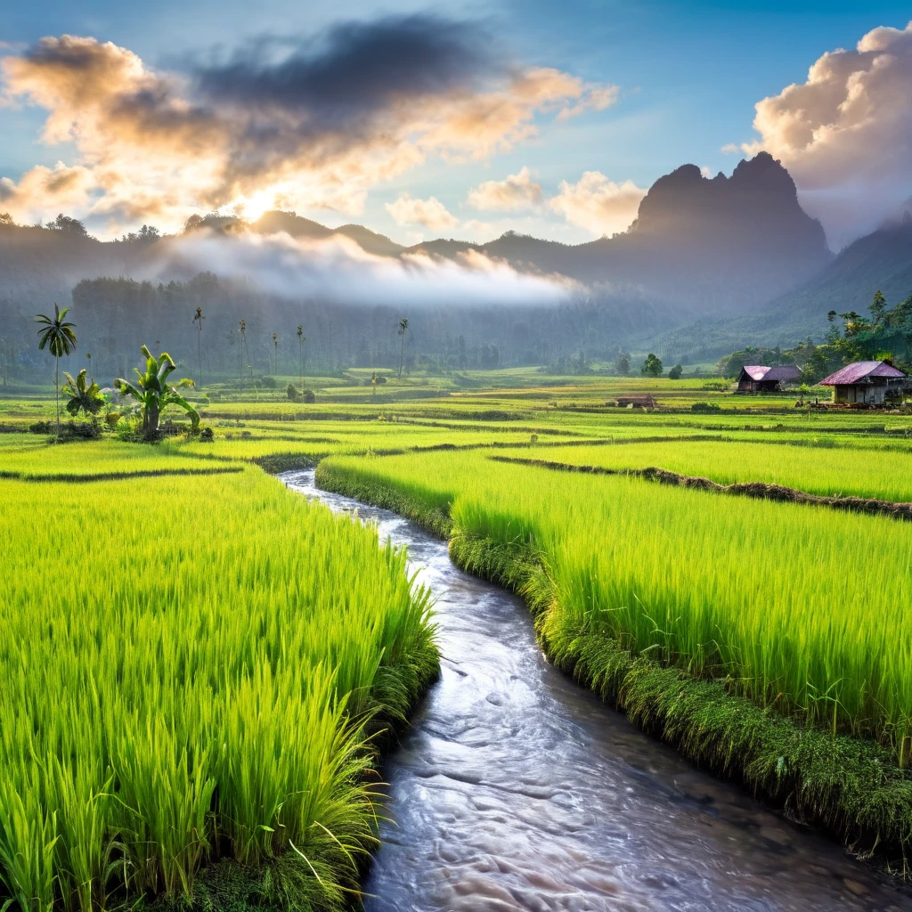 A photograph of a sceneric view of a field in indonesian rural area, a small clear water river crossing in the middle of it, a rural indonesian house is seen in a distance with some natural vegetations. There are two big mountains as a background, with a mist under them. A dawn, where the sun is about to come out and can be seen slightly between two mountains. a calming morning moment. there is a flock of birds seen in distance sky, with some clouds around.