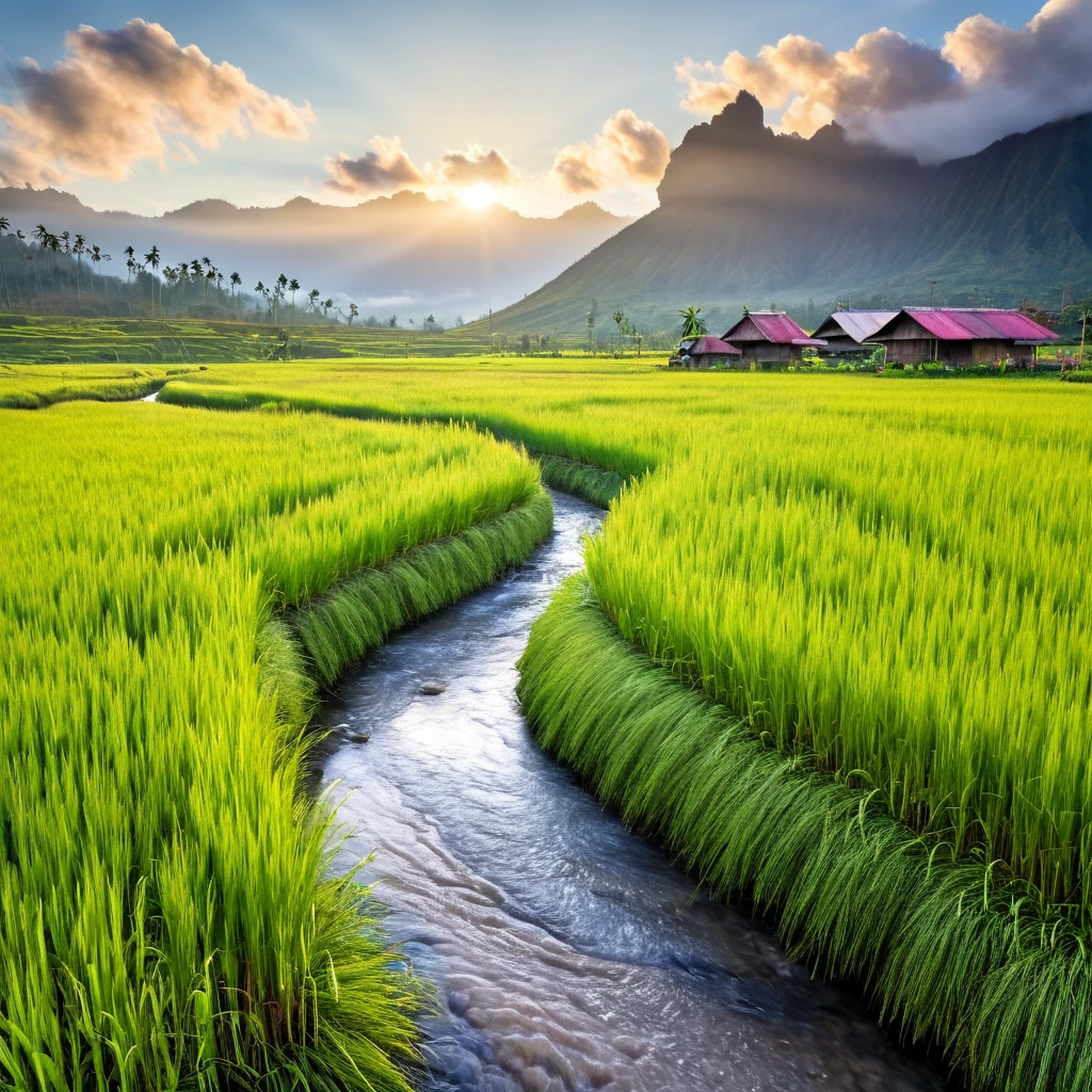 A photograph of a sceneric view of a field in indonesian rural area, a small clear water river crossing in the middle of it, a rural indonesian house is seen in a distance with some natural vegetations. There are two big mountains as a background, with a mist under them. A dawn, where the sun is about to come out and can be seen slightly between two mountains. a calming morning moment. there is a flock of birds seen in distance sky, with some clouds around.