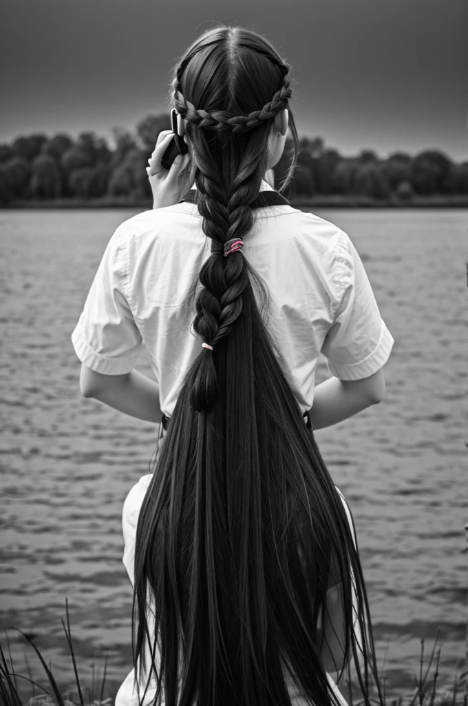 girl with two braids holding binoculars turning her back in black white art