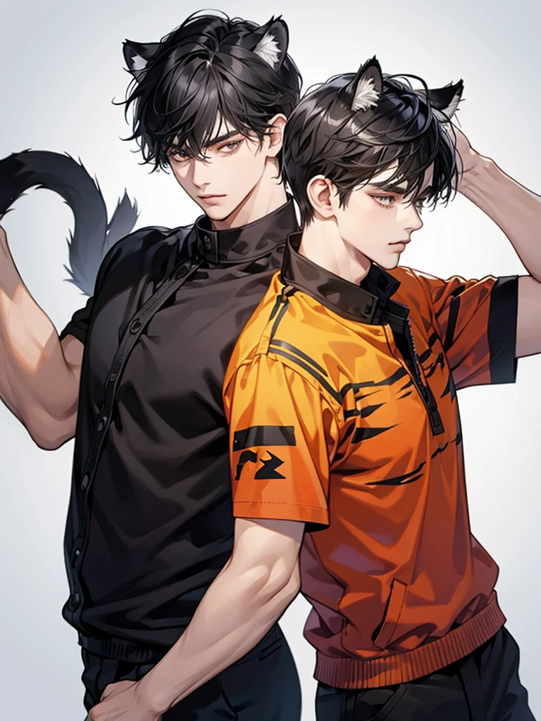 Two men, black hair, tiger ears, cat ears, simple background,