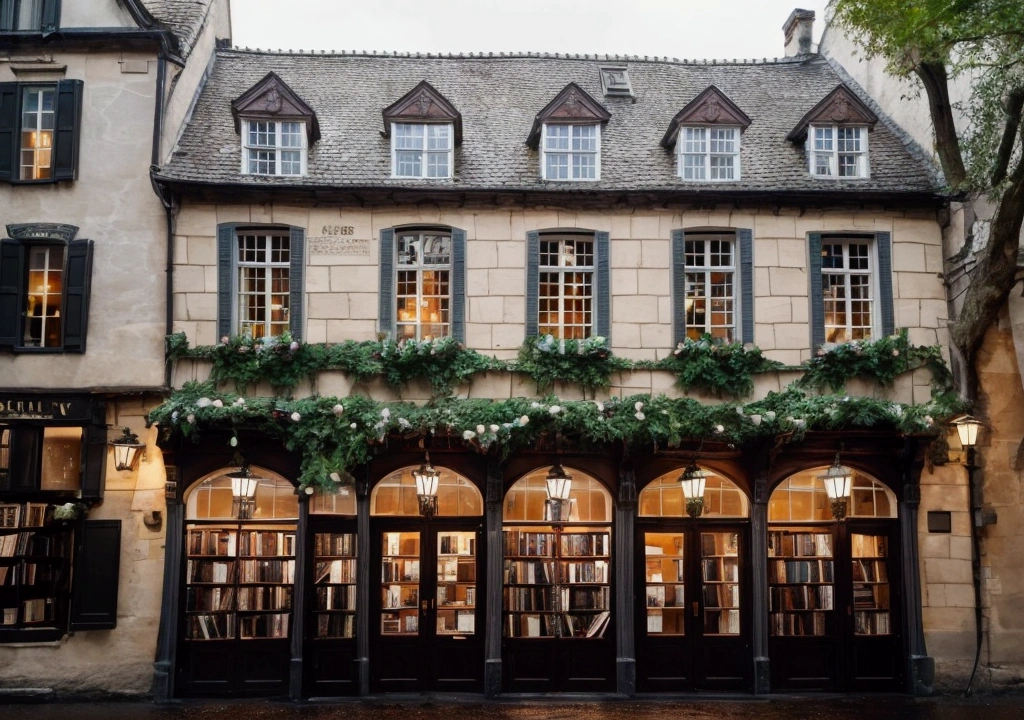 An ultra-realistic scene of a small, two-story, old and charming bookstore in a historic European town. The bookstore is the focal point, with ivy climbing its exterior walls. The setting is during a rainy evening at dusk, with the sky overcast and the streets wet and reflective. Through a small glass window, bookshelves filled with books can be seen inside the store. To the right of the bookstore, a single streetlamp with a yellow light is glowing softly. On the left corner, a tree as tall as the bookstore adds to the scene. The cobblestone streets and surrounding buildings exhibit classic European architecture, enhancing the historic atmosphere. The lower two-thirds of the image is focused on the bookstore and its surroundings. The overall mood is moody and enchanting, with a sense of history and mystery. No humans are present in the scene."
