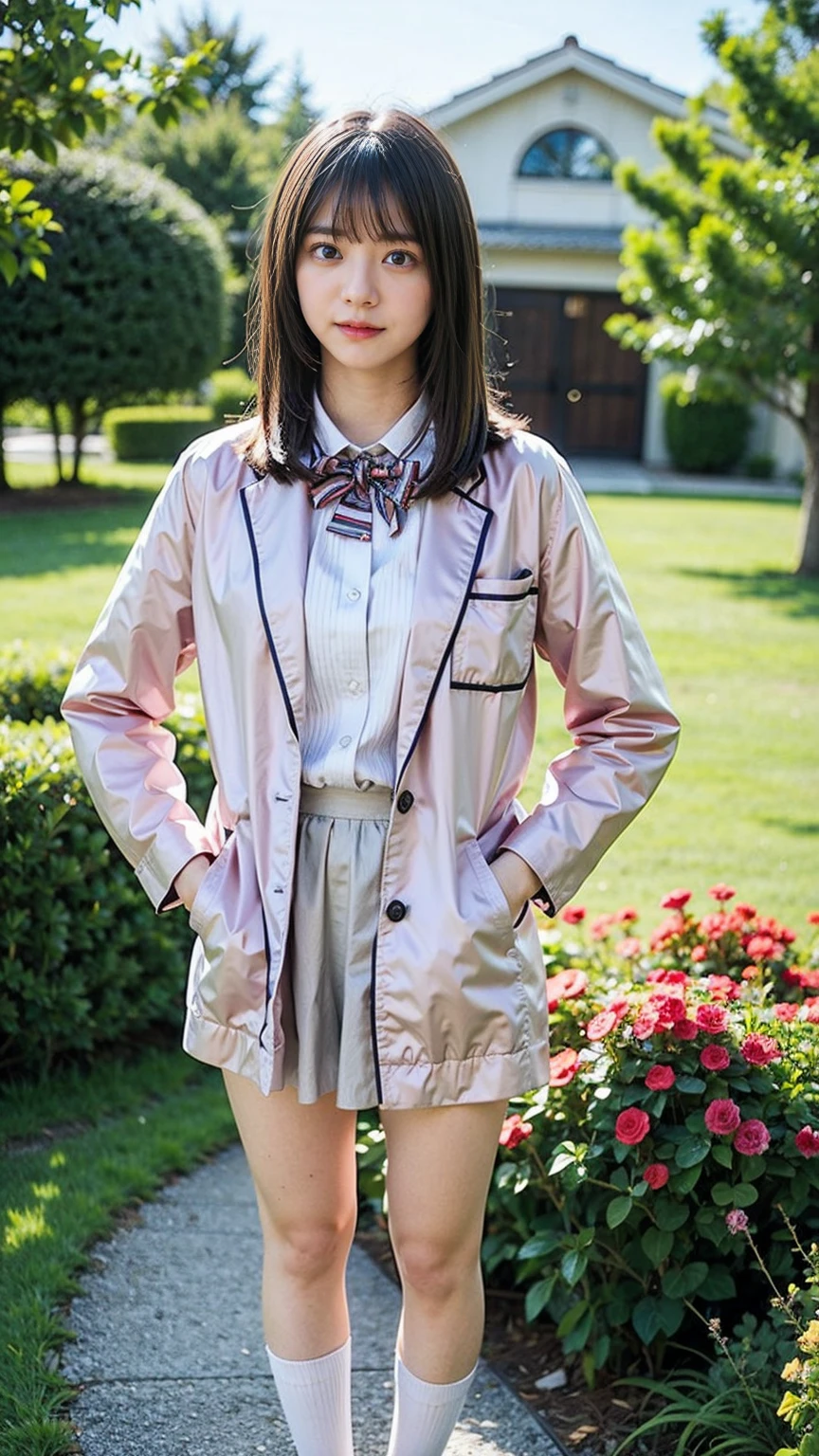 (8k、RAW Photos、Highest quality、masterpiece:1.2)、(Realistic、Realistic)、1 Girl、((mini skirt、whole body、Pink Blazer、チェック uniform、Navy Socks、loafers、garden、View from the front、Looking at the camera、Hands on your hips))、cute