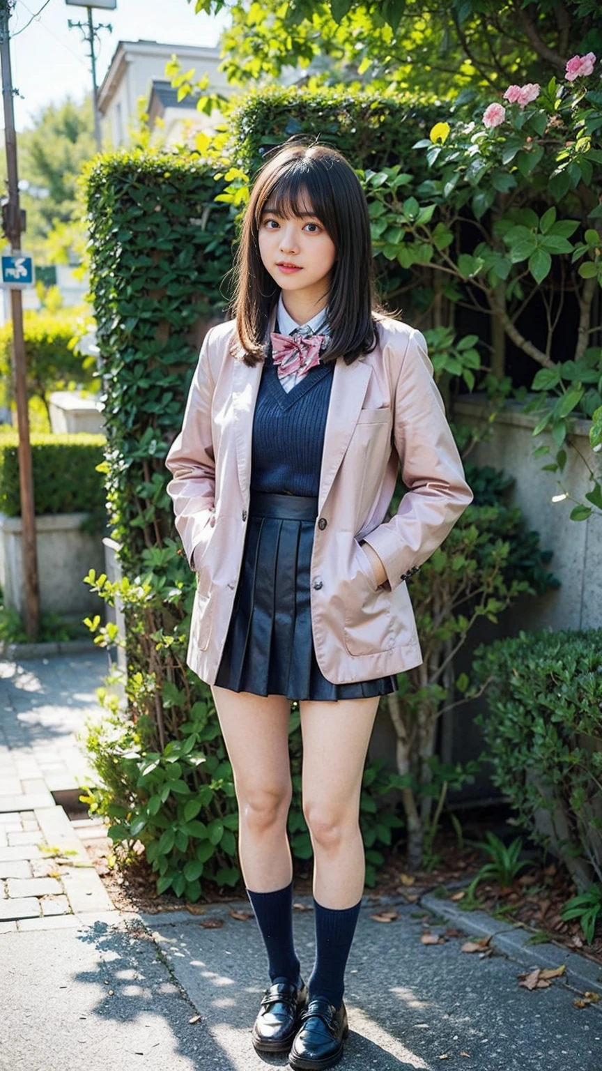 (8k、RAW Photos、Highest quality、masterpiece:1.2)、(Realistic、Realistic)、1 Girl、((mini skirt、whole body、Pink Blazer、チェック uniform、Navy Socks、loafers、garden、View from the front、Looking at the camera、Hands on your hips))、cute