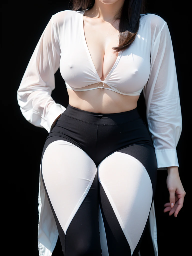 (highest image quality:1.35), high quality, Realistic photo, (A beautiful woman:1.33), beautiful expression, (delicate eyes:1.3), (delicate face:1.3 ), Smile, (slick hair:1.2), Super detailed , high resolution, athletic figure, (big breasts:1.25), (long hair:1.2), (beautiful woman), ( Cute navel:1.2), (Depth of field f/1.8:1.45 ), sharp focus, original photo , (Thin white shirt:1.45), (Thin black pants:1.4), (Thin tight bloack pants: 1.4 ), (Thick thighs:1.5), (Forward:1.25), (cowboy photo: 1.4), (Sports, black background :1.4 ), (black background:1.5 ),