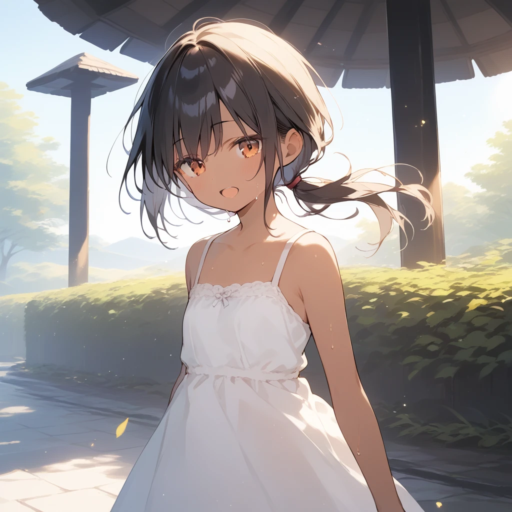 score_9, score_8_up, score_7_up, source_anime, best quality, masterpiece, official art, absurdres, highres, ultra-detailed,waifu2x,Collection: Slice of Life,break,1girl, tomboy, dark-skinned female, short hair, low ponytail, flat chest, beautiful detailed eyes, sundress, sun hut, sweat, open mouth, (yawn:0.3), sleepily, outdoors, park, wind,break,(clear line illustration:1.2), super detailed skin,very high resolution, very aesthetic, Best sexual lighting powered by famous artist, 8k,cute picture,beauty illustration,photoshop_(medium),,(Detailed Lighting),best anime 8k konachan wallpaper, pixiv contest winner,