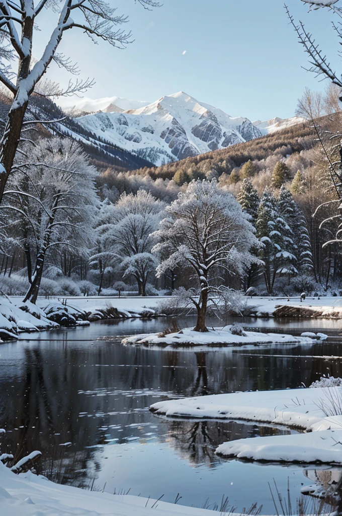 Yydgrassil tree and lake with snow