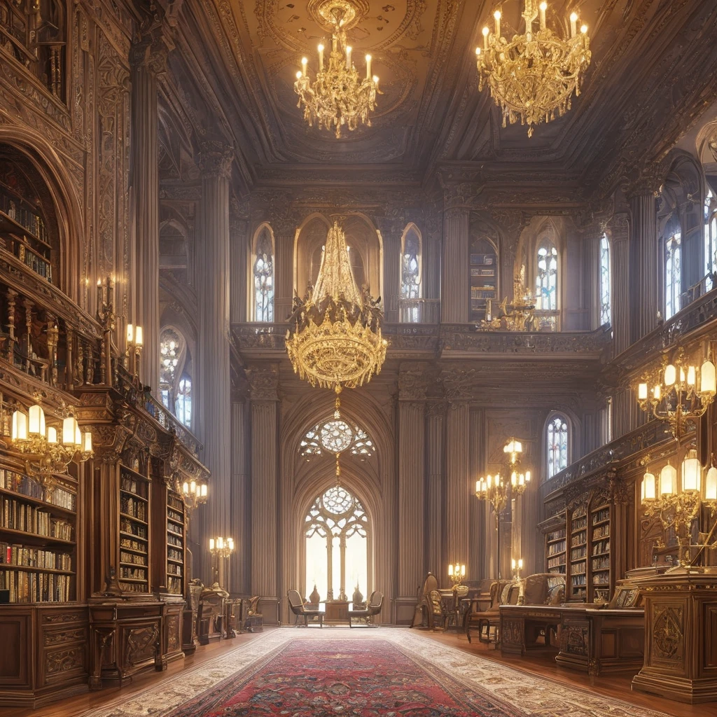 fantasy high detailed intricate interior of a delivery service director's office in a magical kingdom,highly detailed,photorealistic, 8k, masterpiece, digital art, elegant decor, wooden furniture, ornate chandelier, stained glass windows, plush rug, bookshelves, quill and ink, glowing crystals, ornate throne, regal curtains, wall tapestry, candles, medieval aesthetic