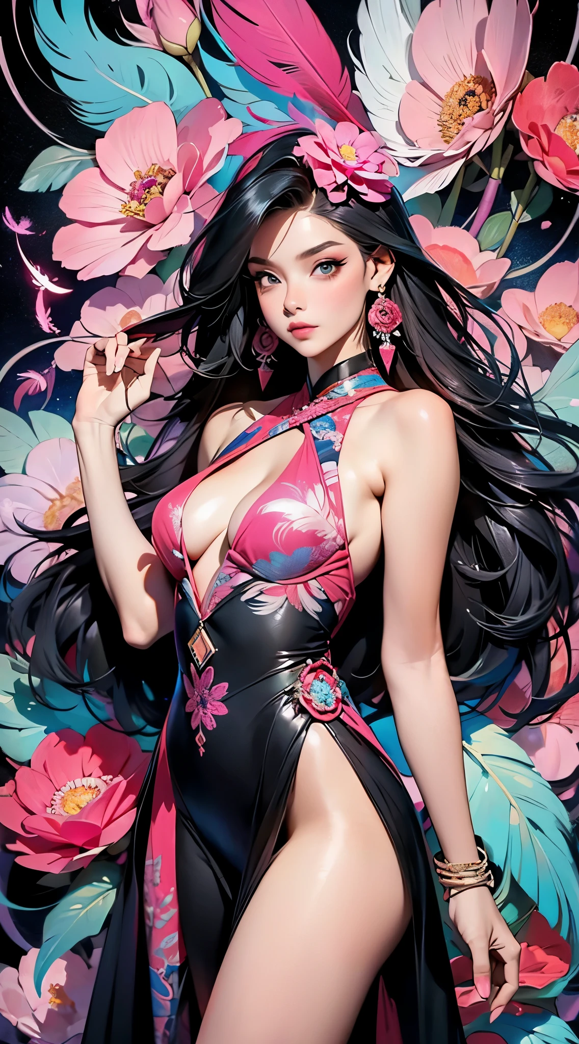 erjie, girl in a fluid and dynamic pose, wearing a loose, flowing pink dress, mysterious expression, curly black and pink hair, [Zhang Ziyi|Aishwarya Rai], in a modern and abstract setting, with bold and colorful abstract art, blurred background, bright lighting, official art, unity 8k wallpaper, (zentangle, mandala, tangle, entangle), intricate clothes,zhongfenghua (full body,from everywhere,masterpiece, top quality, best quality, official art, beautiful and aesthetic:1.2), extremely detailed,(fractal art:1.1),(colorful:1.1)(flowers:1.3),highest detailed,(zentangle:1.2), (dynamic pose), (abstract background:1.3), (shiny skin), (many colors:1.4), (feathers:1.5), dynamic angle, the most beautiful form of chaos, elegant, a brutalist designed, vivid colours, romanticism,