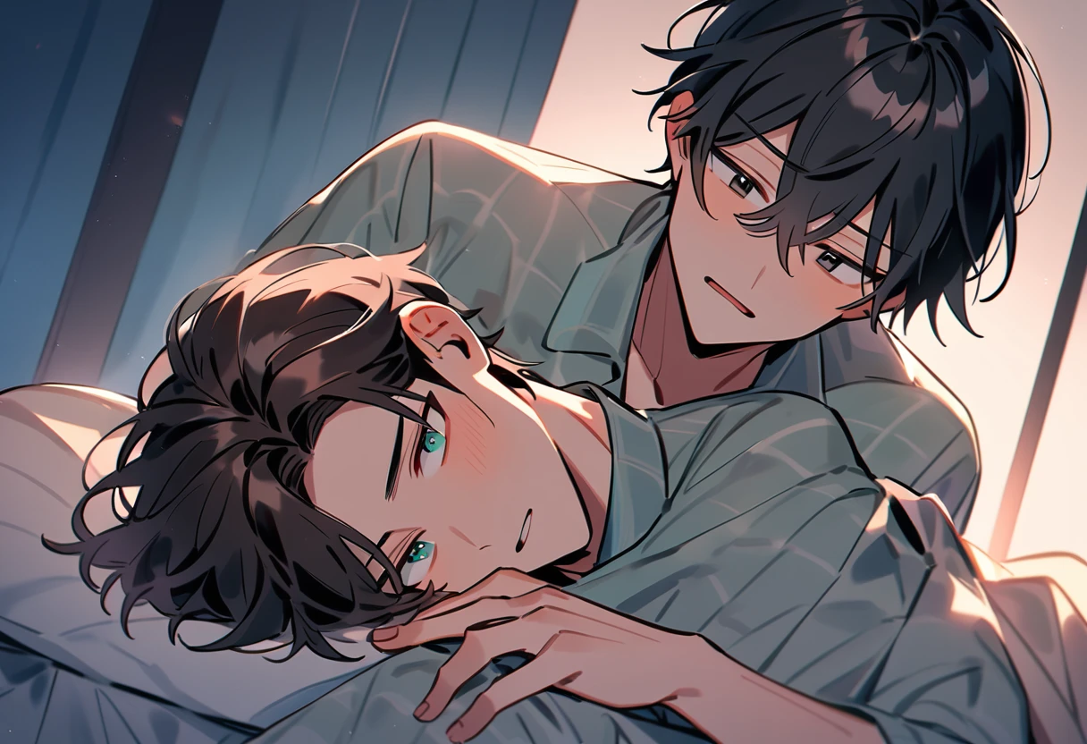 It depicts two young men lying in bed. He has black hair and green eyes., His face flushed slightly, He seems confused.. Room booked at night, Soft night light. His eyes were fixed on another boy, The other boy has brown hair，Black eyes，The work shows a delicate emotion.