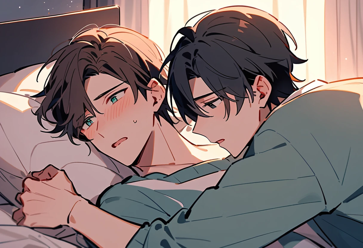 It depicts two young men lying in bed. He has black hair and green eyes., His face flushed slightly, He seems confused.. Room booked at night, Soft night light. His eyes were fixed on another boy, The other boy has brown hair，Black eyes，The work shows a delicate emotion.