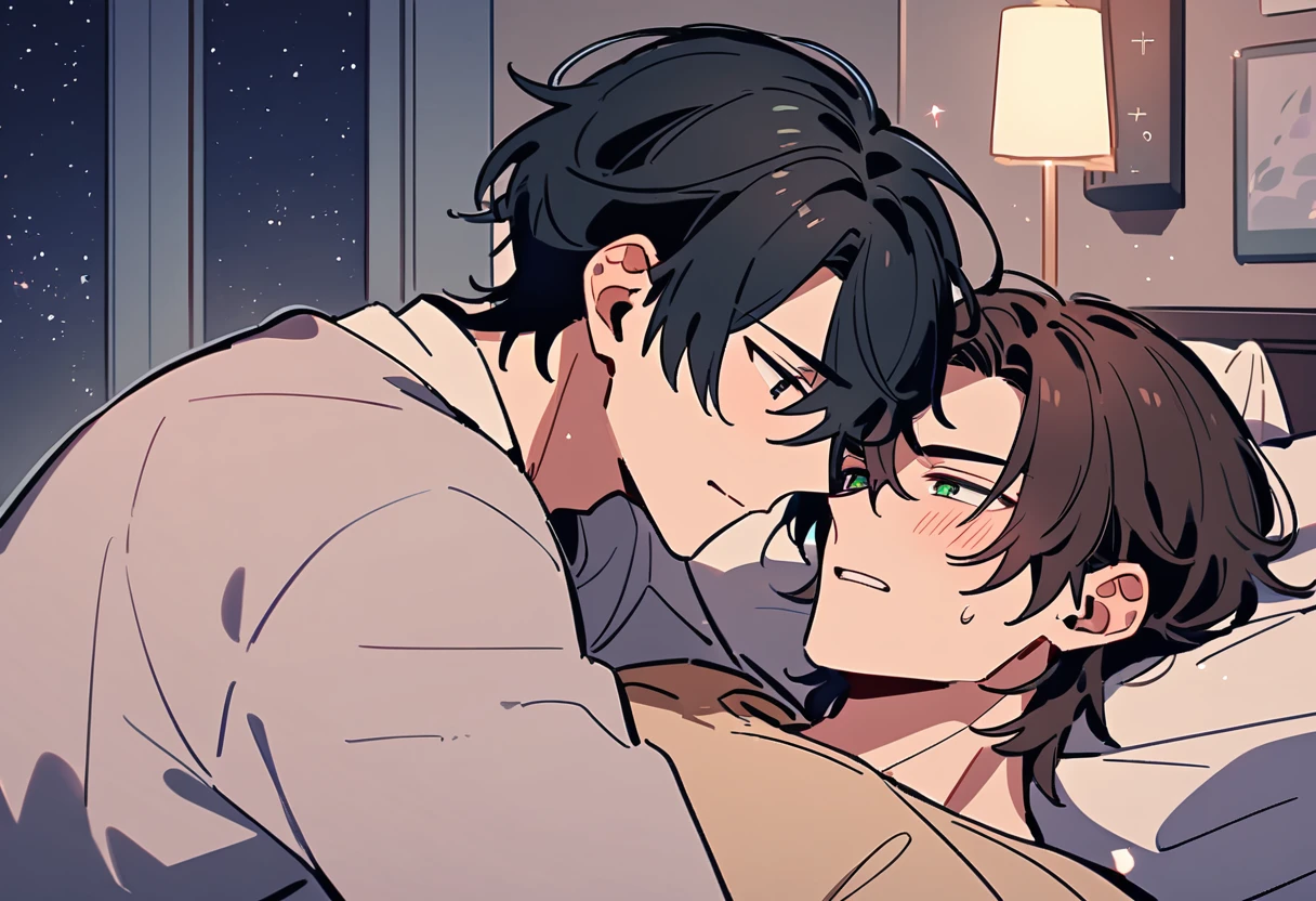 It depicts two young men lying in bed. He has black hair and green eyes., His face flushed slightly, He seems confused.. Room booked at night, Soft night light. His eyes were fixed on another boy, The other boy has brown hair，Black eyes，The work shows a delicate emotion.