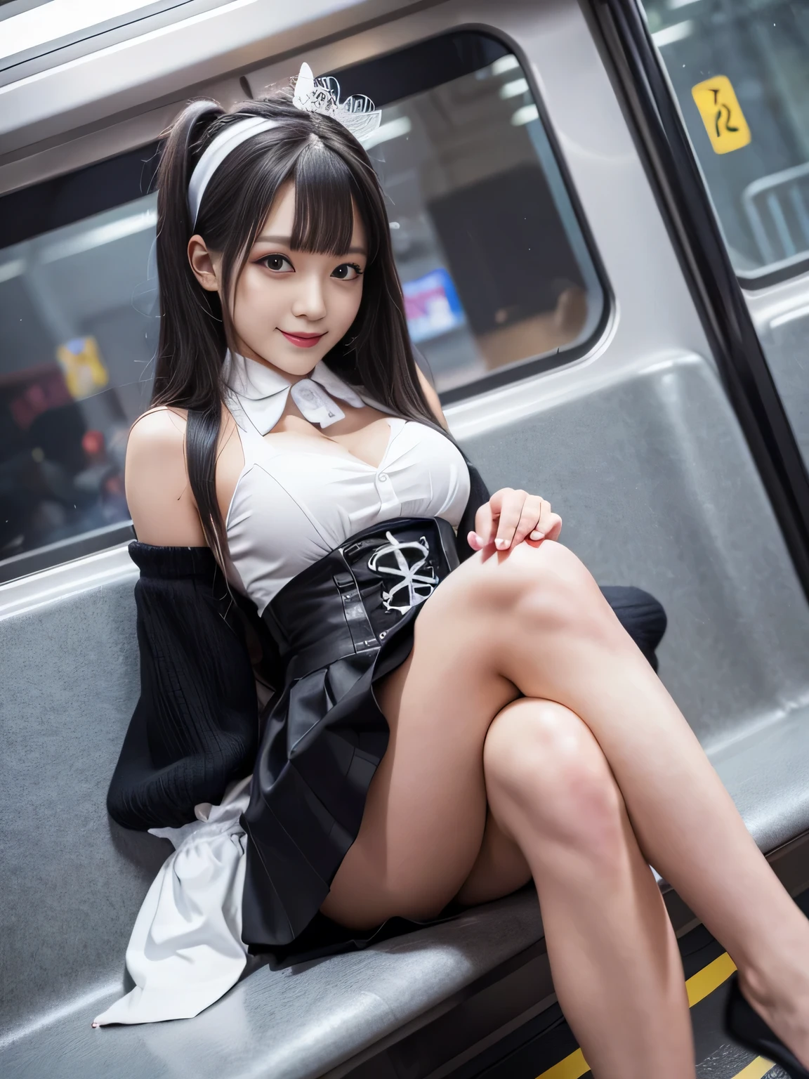7"(masterpiece, High resolution, Ultra High resolution, 4K) Black Hair, smile、Smiling with teeth showing、17 year old Japanese girl, Gothic ta、skirt, Accentuate your thighs, White thighs, Soft thighs, Glossy thighs, Sitting on a train, Facing angle, (Angle from below),sitting in a train seat,Sit in front,Zoom camera on crotch,Put your feet on the train floor,whole body,Looking down and sleepy,Watch only viewers", Highest quality, 超High resolution, (Realistic:1.4),, High resolution, detailed, RAW Photos, sharp, Nikon D850 film stock photo by Lee Jefferies 4 Kodak Portra 400 camera F1.6 Lenses、Rich colors、Ultra-realistic and lifelike textures、Dramatic lighting、Unreal Engine、Art Station Trends、Cinestar 800,
