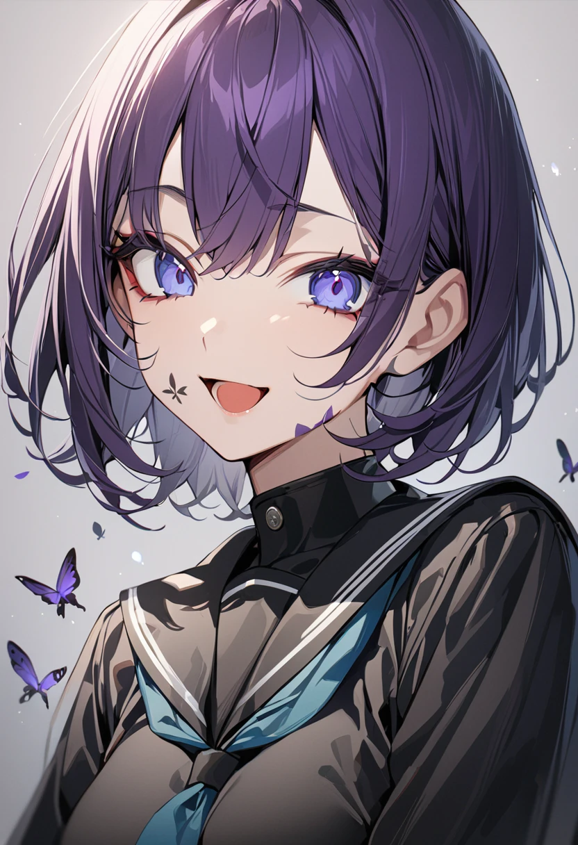 One girl, best quality, masterpiece, smiling with open mouth, beautiful girl, big eyes, dark purple hair, short hair, black sailor suit, tattoo on cheek, butterfly, gray background