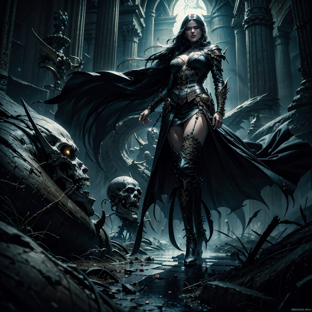 A sexy goddess of death floating in the air below her some dark souls with illuminated eyes