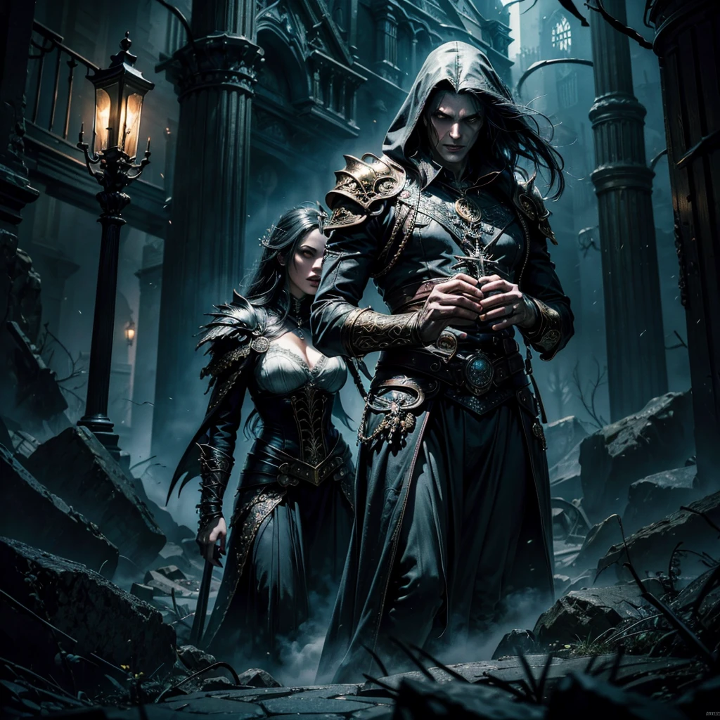 sexy sorceress in engraved skeletal onyx metal dress armor fighting with the werewolf in a dark alley at night, there are some torches flaming and lighting the scene, some crawlers lurking around, fantasy, dark fantasy, high details, very detailed, blue hollow on the background