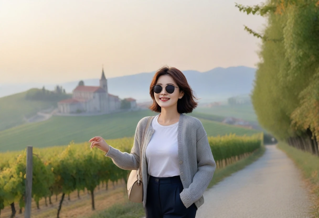 8k best picture quality, Beautiful 36-year-old Korean woman, Chest size 34 inches, Dawn in the early autumn countryside in northern Italy, View of the cathedral next to the vineyards, The back background is realistic and vivid quality., short medium hair, shirts and cardigans, Wear casual pants, Smile slightly. the background is clear, look up to the side., Looking at vineyards covered in thick fog from a hillside road, Wearing thick horn-rimmed sunglasses, sunglasses with thick rims