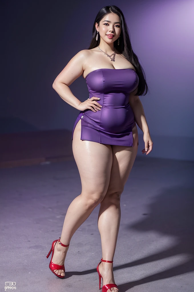 (8k, ultra high resolution, highest quality, masterpiece:1.2), ultra realistic, (realistic, photorealistic:1.37), (realistic skin:1.2), ultra detailed, Canon EOS RP, 8k, Korean mature woman, smiling, (super fat), (super obese:1.5), (((super curvaceous,))) ((super voluptuous,)) ((full body shot)), thick ankles, (red slicked back straight hair:1.5), (red long straight hair), (flowing hair), (smiling), staring, (purple mini skirt), (purple bodycon one piece dress), (strapless:1.3), teardrop earrings and necklace, (file stick the same size as her height), purple high heels, full body shot, (fire city background),