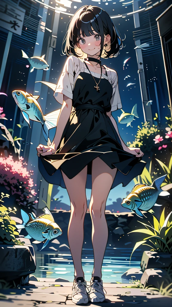 (8k, RAW Photos, 最high quality, masterpiece:1.2), high qualityのRAWカラー写真, Professional photo shoot, Cinematic Light, alone, (((young woman, Gal))), (Sharp features), (Small face), (Skin with attention to detail:1.2), clavicle, Cute Face, Beautiful appearance, Long eyelashes,Girl Turning Around, smile, (Black Hair,Heavy bangs ), Tight dress, sneakers, Backpack, Embarrassed, Capture the happy moment, Artistic painting,Attractive thighs, (Very nice touch:1.2),はにかんだsmile), Peaceful atmosphere, Oil painting style, Bright colors, (Are standing:1.5, aquarium, Full body portrait), Smooth texture, Gazing Eyes, Beautiful Skin, Glowing Skin, ((Perfect Fingers, Five Fingers, Anatomically correct)), Background Blur, high quality, Surreal, ((Very detailed, photo shoot)),a large number of fish、blush、Plump、Close-up、Mysterious aquarium、Backlight、Blue light