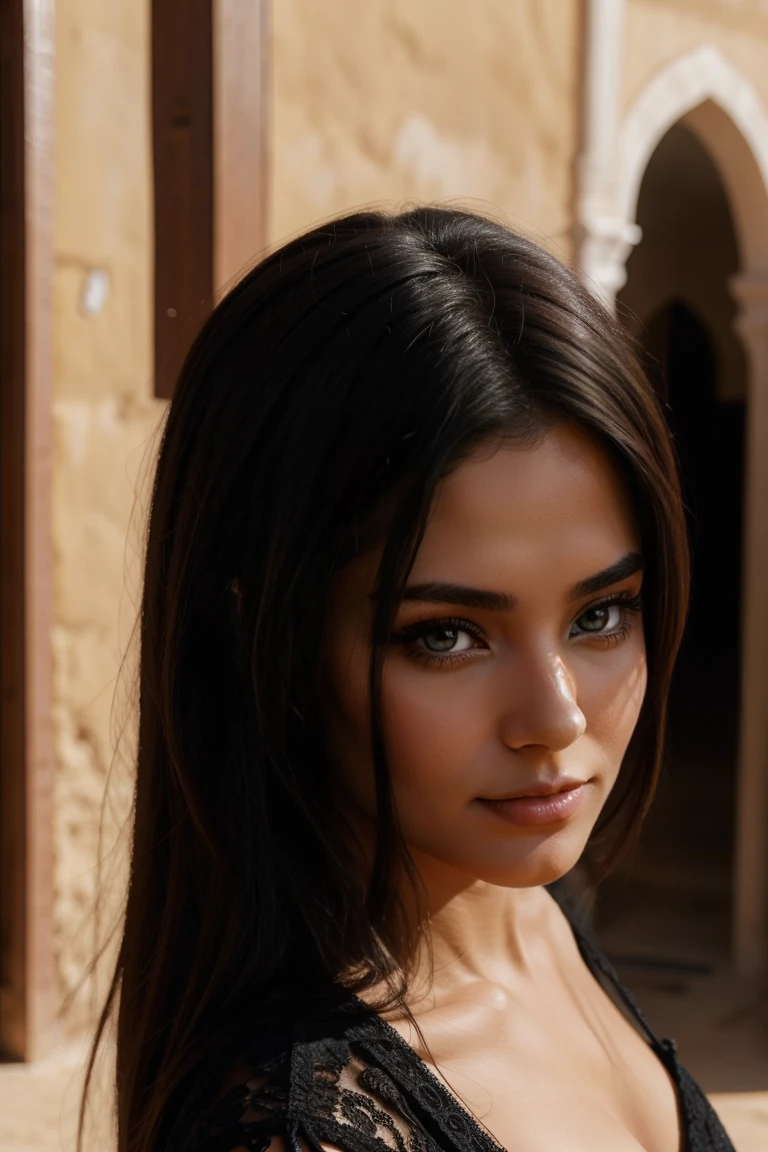Instagram models pose in Fez, en vêtements traditionnels, tout le corps, Beaux yeux detaileds noir, lèvres magnifiquement detailedes, yeux et visage extrêmement detaileds, court, black hair ((best quality)), ((head of'artwork)), (detailed), visage parfait, tout le corps, Funny head