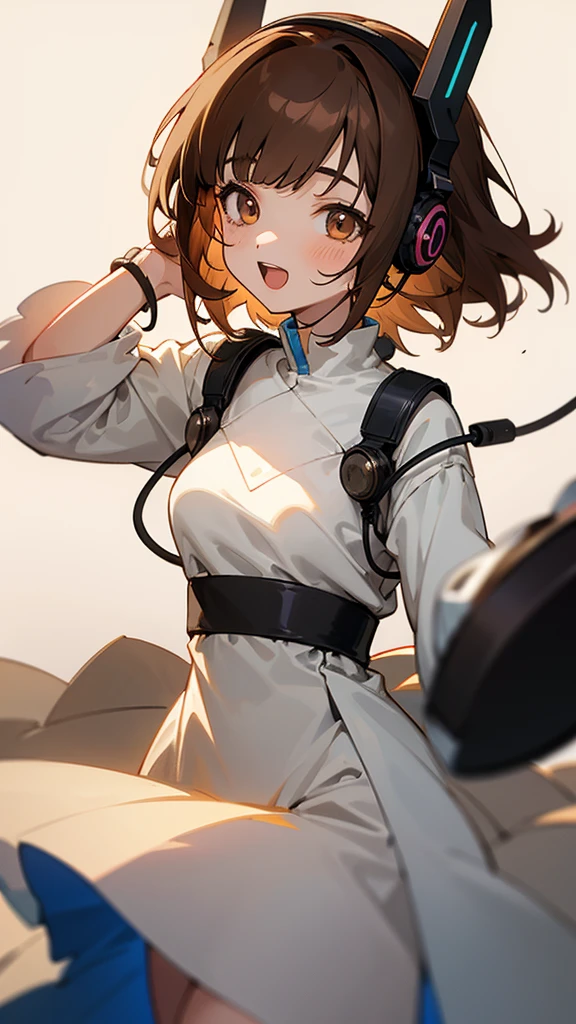 One girl, Brown Hair, Medium Hair, Textured skin, chest, Open your mouth, Bright Eyes, happiness/joy, Simple Background, Headphones worn behind the head, Anime Bangs, Minimalist, Dress up、Hair that hides one eye, Radio broadcaster、Stand microphone