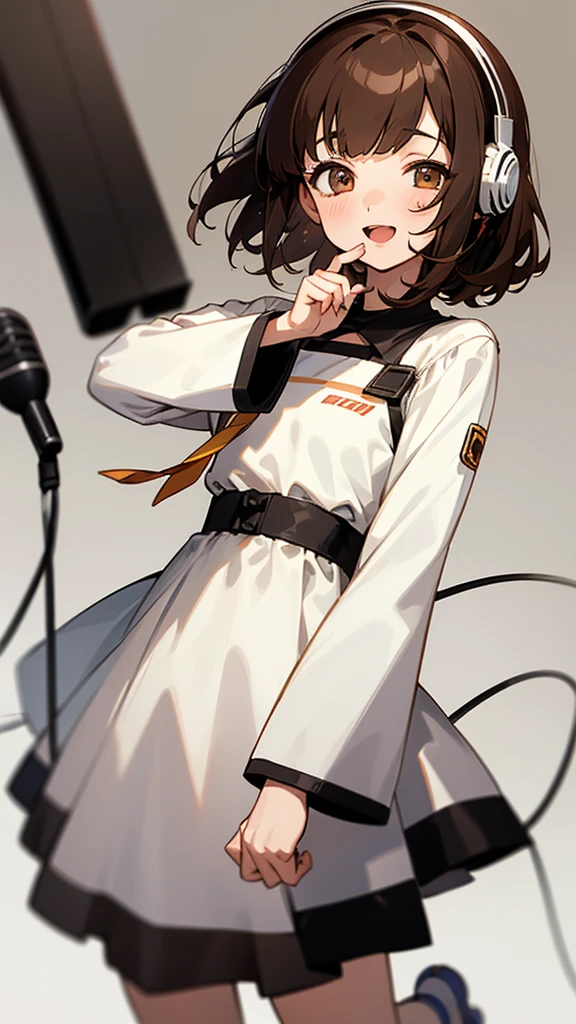 One girl, Brown Hair, Medium Hair, Textured skin, chest, Open your mouth, Bright Eyes, happiness/joy, Simple Background, Headphones worn behind the head, Anime Bangs, Minimalist, Dress up、Hair that hides one eye, Radio broadcaster、Stand microphone