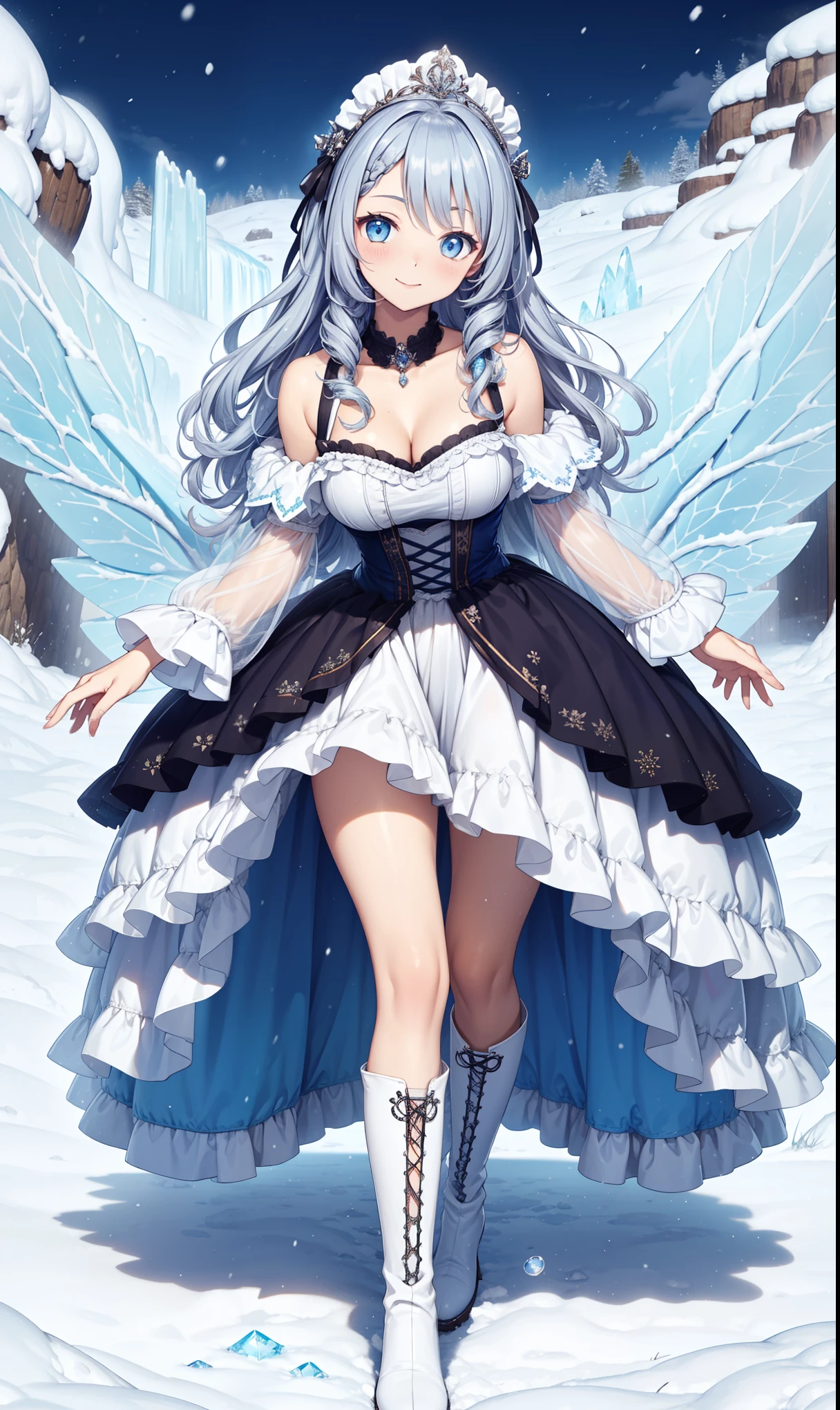 Girl,Holy,Having fun,El Salvador,(Modern style with classic style creative long skirt:1.2),(White suspender boots),(Silver curly hair:1.2),Blue eyes,(Large Ice and Snow Headdress),Lilac pattern,Minimalism,Ruffles,Lace,Exquisite embroidery,delicate patterned,(Beautifully dressed),Transparent Clothes,Background iceberg mountain,(Surrounded by ice and fog:1.1),(night:1.2),Alone,Beautiful and delicate face,Mild seduction