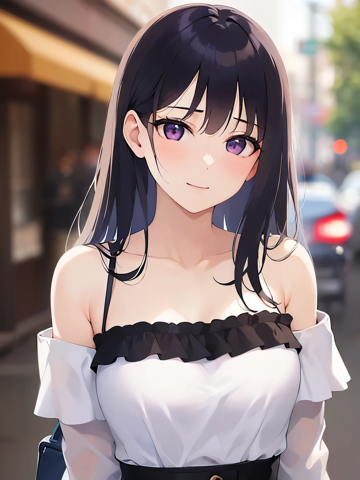 head tilt, Upper Body, Realistic, real person, (pale skin: 1.2), RAW photo, photorealistic, shiny skin, shiny hair、(A 25-year-old woman with straight hair and bangs) and (medium hair) and (black hair) and (purple eyes) , (white) and (off shoulder blouse)、(blush:1.3), smile, The background is a cafe、Alone、Are standing