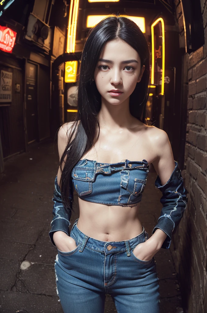 Absurdity, Top Quality, 1 Girl, Solo, ((Sexy Matching Denim Underwear))), Choker, (Graffiti: 1.5), Splatters of paint, Paint Doodle, Arms Thrown Back, (Leaning Forward), Lean Back, Leaning Against the Wall, (Tilting to the Side: 0.25), Watch the Viewer, Armbands, Thigh straps, Striped Hair, ((Paint on the body other than the face)), Eyes directed upwards, Head down, head tilted, (from the side: 0.75), bored, (expressionless: 0.75 masterpiece, flat background