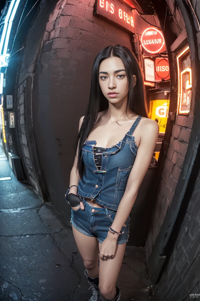 (((8k wallpaper of extremely detailed CG unit:1.2, masterpiece, hight resolution:1.2, top-quality:1.2, masutepiece))), ((a very beautiful woman, Hands in pockets:1.8, Street fashion:1.2, wearing a colorful jacket:1.2, denim, Wearing boots)), ((extra detailed face, Highly detailed black eyes, extra detailed body, Top quality real texture skins)), (Red Straight Hair:1.2, de pele branca, exposed shoulder), ((Empty alley, Mileland. natta, Neon Street)), (high-angle, a closeup, Fisheye:1.3), hyper realisitic, digitial painting,