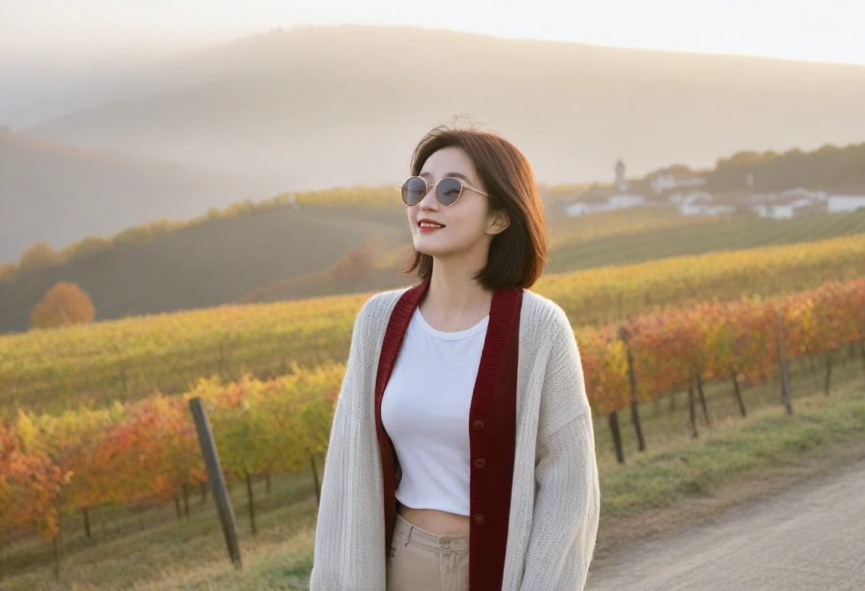 8k best picture quality, Beautiful 36-year-old Korean woman, Chest size 34 inches, Dawn in the early autumn countryside in northern Italy, View of the cathedral next to the vineyards, The back background is realistic and vivid quality., short medium hair, shirts and cardigans, Wear casual pants, Smile slightly. the background is clear, look up to the side., Looking at vineyards covered in thick fog from a hillside road, Wearing thick horn-rimmed sunglasses, sunglasses with thick rims