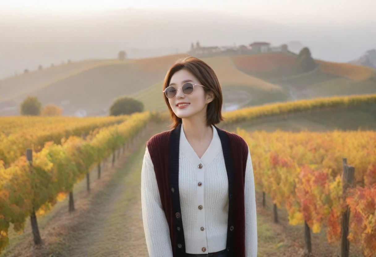8k best picture quality, Beautiful 36-year-old Korean woman, Chest size 34 inches, Dawn in the early autumn countryside in northern Italy, View of the cathedral next to the vineyards, The back background is realistic and vivid quality., short medium hair, shirts and cardigans, Wear casual pants, Smile slightly. the background is clear, look up to the side., Looking at vineyards covered in thick fog from a hillside road, Wearing thick horn-rimmed sunglasses, sunglasses with thick rims