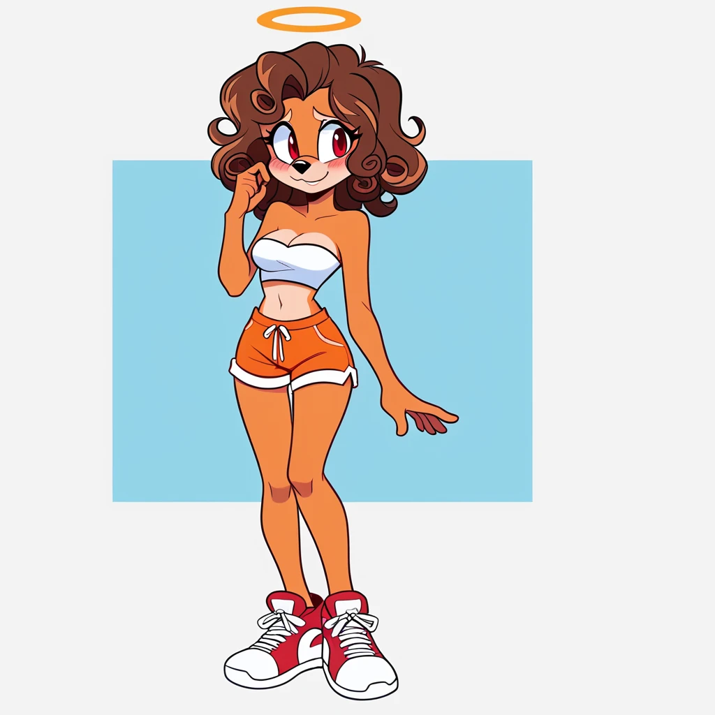 score_9, score_8_up, solo, mobian, hedgehog, two-tone fur ((orange fur, brown fur)), pyjama elastic shorts, strapless crop top, cleavage, high-top sneakers, two-tone hair (brown hair, black tip)), curly hair, halo, sunglasses, jewelry, red eyes, longeyelashes, red eyes, smile, shy, blush