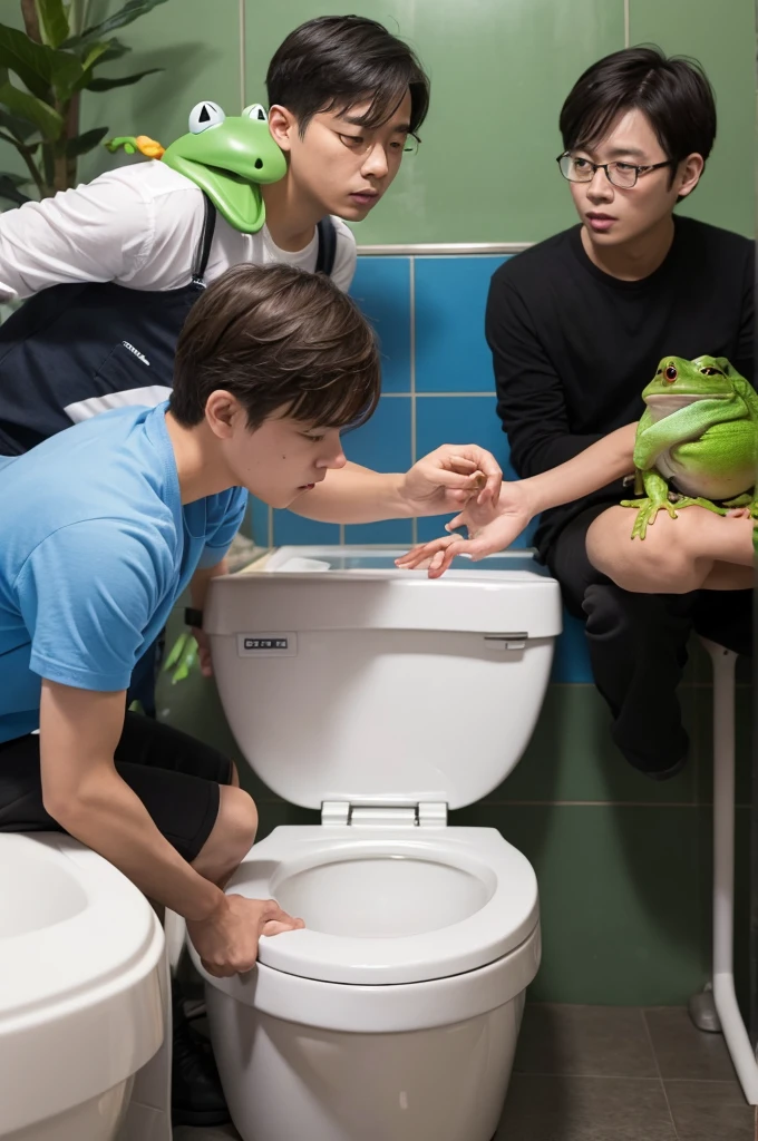 Two Men。A friend who has had too much to drink is vomiting in the toilet。The man with the frog's head who is carrying out the beheading of his friend brings his sword down on his head.!!!