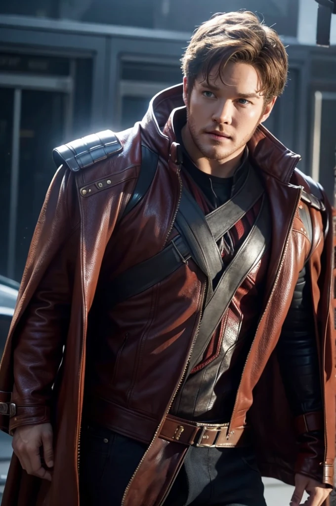 Movie Scene, Star-Lord from Marvel's close-up, distorted space, The undead twisted behind him., lens flare, Fire shaft, complicated details, Highly detailed, Volumetric light, 4k rendering, stock photo, Too realistic, realistic textures, incredible light, unreal engine