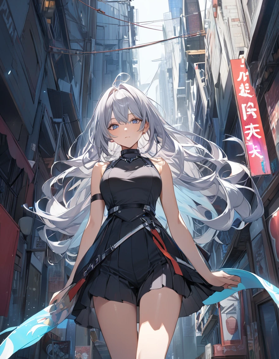 8k, Highest quality, masterpiece, Wallpapers by Unity 8k, (One Girl) , 17 years old、cute、(((Silver Hair))),(Her hair color is a blue-gray gradient), Medium long hair Beautiful breasts, Summer fashion、one piece、from behind, from below